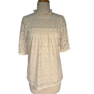Monteau Blouse Short Sleeve Lace Victorian Inspired Crochet Cream High Neck Larg